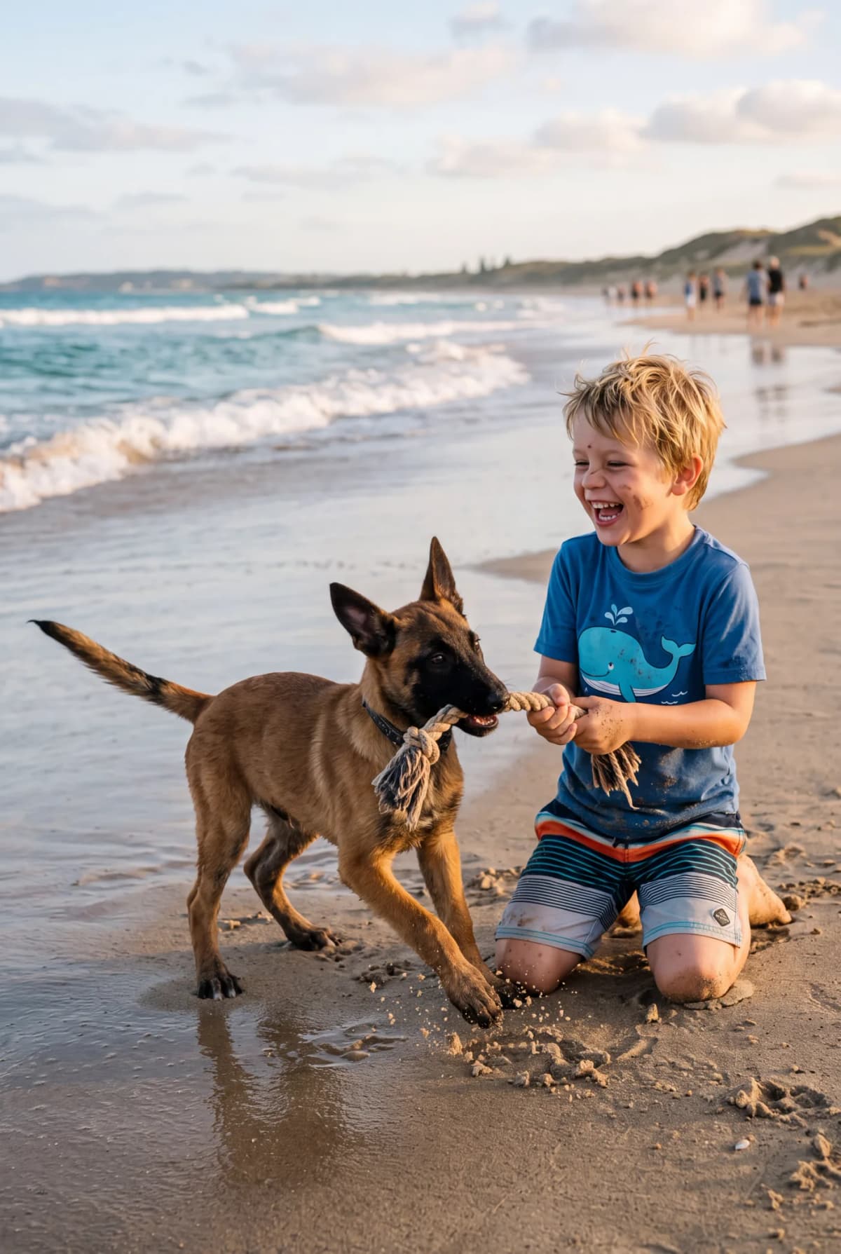A young Belgian Malinois playing tug with a laughing boy on the beach